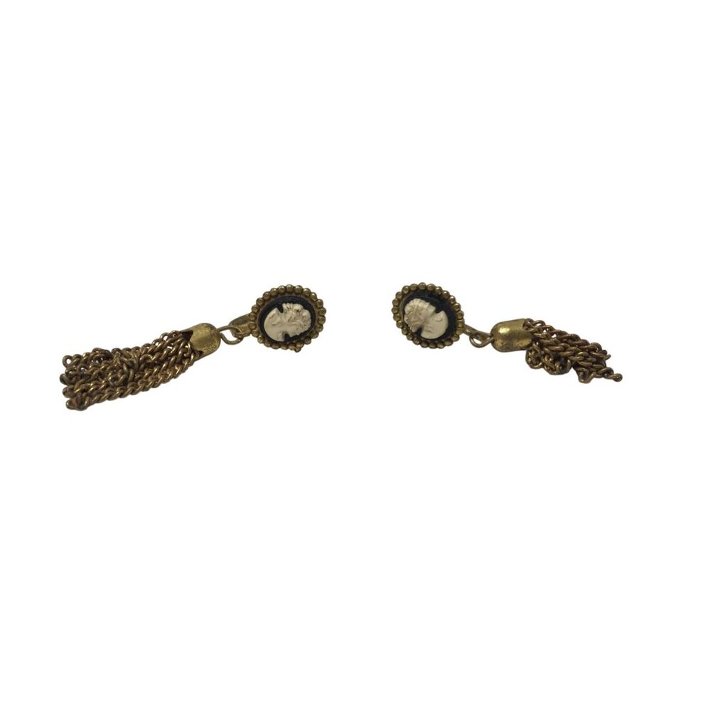 Vintage Women's Gold Tone Tassel Chain Cameo Screw Back Earrings